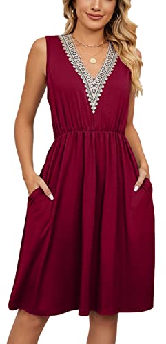 CLOUSPO Sommerkleid Damen Ärmellos A-Linie Kleider Damen mit V Ausschnitt Elegant Spitzen Kleid Swing Kleid mit Taschen(Rot,L) von CLOUSPO