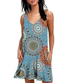 CLOUSPO Sommerkleid Damen Casual Vintage Ärmellos T-Shirt Kleid Kurzen Blumen Bedrucktes Strandkleider mit Taschen(Verpackung/MEHRWEG) (EU M/CN L, A-Sonne Blau) von CLOUSPO