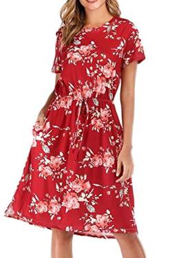 CLOUSPO Sommerkleid Damen Elegant Kurzarm Rundhals Knielang Blumenkleid Strandkleid (Large, Rot) von CLOUSPO