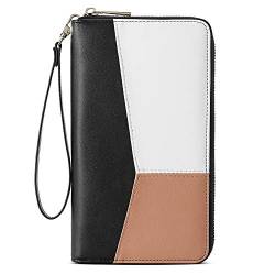 CLUCI Damen-Geldbörse, groß, Leder, Designer-Reißverschluss, Kartenhalter, Organizer, Damen-Reise-Clutch, Handschlaufe, Schwarz mit Rosa, Large, von CLUCI