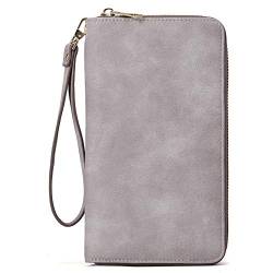 CLUCIGeldbörse Damen Leder Gross Frauen Clutch Portemonnaie Groß Geldbeutel Lang Portmonee mit Kartenfächer , Grau21-nubuk Grau, large von CLUCI