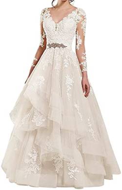 CLcaojun Damenkleid mit langen Ärmeln, durchsichtig, V-Ausschnitt, Brautkleid, elfenbeinfarben, 54 von CLcaojun