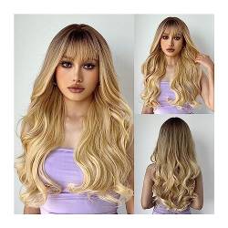 Damen Perücken Hochwertige synthetische Perücken, braun-blonde Perücke mit Pony, lange gewellte Damenperücken, Halloween, natürliches hitzebeständiges Haar Beauty Ladieshair von CLoxks