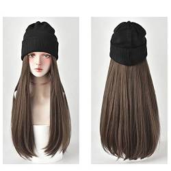 Perückenkappen Mützenhut mit Haarperücken for Frauen 24 Zoll langes, gerade Haare Synthetische Perücke warmes weiches Ski -Strick -Herbst -Winterkappe Perückenkappen für Damen (Color : B) von CLoxks