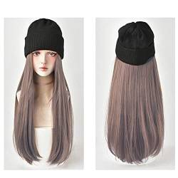 Perückenkappen Mützenhut mit Haarperücken for Frauen 24 Zoll langes, gerade Haare Synthetische Perücke warmes weiches Ski -Strick -Herbst -Winterkappe Perückenkappen für Damen (Color : C) von CLoxks