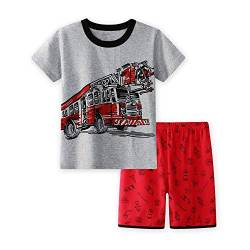 CM-Kid Jungen Pyjamas Kurzarm Kinder Shorty Schlafanzug Set Sommer Baumwolle 2 3 Jahre Feuerwehrauto Grau Gr.98 von CM-Kid