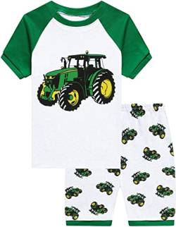 CM-Kid Jungen Schlafanzug Kurzarm Kinder Raglan Shorty Pyjama Set Sommer Baumwolle 4 5 Jahre Traktor Grün Gr.110 von CM-Kid