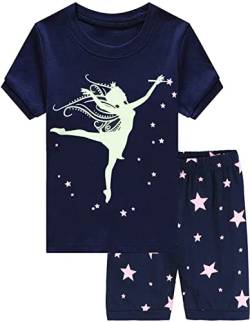 CM-Kid Mädchen Schlafanzug Kurzarm Kinder Shorty Pyjama Set Sommer 4 5 Jahre Fluoreszenz Tänzerin Dunkelblau Gr.110 von CM-Kid