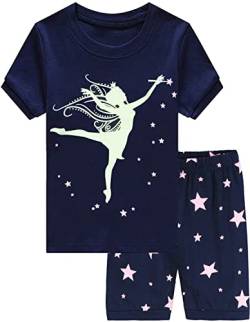 CM-Kid Pyjama Set Mädchen Kurzarm Kinder Schlafanzug Sommer 3 4 Jahre Fluoreszenz Tänzerin Dunkelblau Gr.104 von CM-Kid