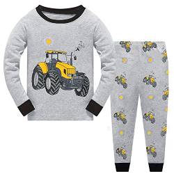 CM-Kid Pyjamas Jungenn Lang Kinder Schlafanzug Set Warm Baumwolle Frühling Herbst Winter 6 7 Jahre Traktor Grau Gr.122 von CM-Kid