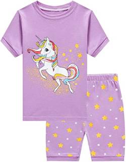 CM-Kid Pyjamas Mädchen Kurz Kinder Schlafanzug Set Sommer Baumwolle 6 7 Jahre Einhorn Lila Gr.122 von CM-Kid