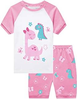CM-Kid Schlafanzug Baby Mädchen Kurz Kinder Raglan Pyjama Set Sommer Baumwolle 1 2 Jahre Dinosaurier Rosa Gr.92 von CM-Kid