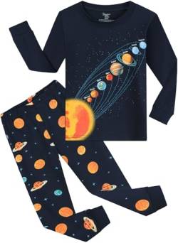 CM-Kid Schlafanzug Jungen Lang Kinder Pyjama Set Baumwolle Frühling Herbst Winter 2-3 Jahre Weltraum Planet Dunkelblau Gr.98 von CM-Kid