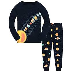 CM-Kid Schlafanzug Jungen Lang Kinder Pyjama Set Baumwolle Frühling Herbst Winter 5-6 Jahre Weltraum Planet Dunkelblau Gr.116 von CM-Kid