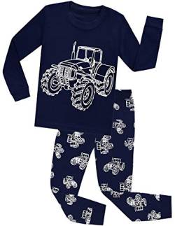 CM-Kid Schlafanzug Jungen Lang Kinder Pyjama Set Baumwolle Warm Herbst Winter 4 5 Jahre Fluoreszenz Traktor Dunkelblau Gr.110 von CM-Kid