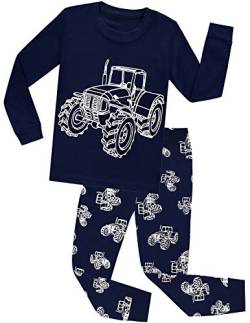CM-Kid Schlafanzug Jungen Lang Kinder Pyjama Set Baumwolle Warm Herbst Winter 5 6 Jahre Fluoreszenz Traktor Dunkelblau Gr.116 von CM-Kid