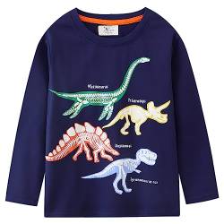 Langarmshirt Jungen Langarm Shirt Kinder Pullover Tees Tops 6 7 Jahre Fluoreszenz Dinosaurier Dunkelblau Gr.122 von CM-Kid