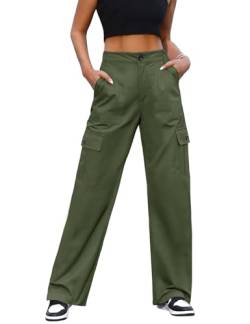 CMTOP Cargohose Damen Elastischen Hohe Taille Hose mit 6 Taschen Y2K Gerade Beine Wanderhose Militärhose Baggy Sport Jogginghose(Grün,M) von CMTOP