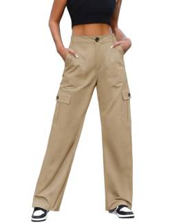 CMTOP Cargohose Damen Elastischen Hohe Taille Hose mit 6 Taschen Y2K Gerade Beine Wanderhose Militärhose Baggy Sport Jogginghose(Khaki,XL) von CMTOP