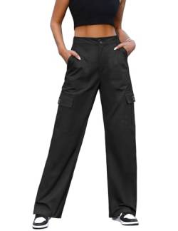 CMTOP Cargohose Damen Elastischen Hohe Taille Hose mit 6 Taschen Y2K Gerade Beine Wanderhose Militärhose Baggy Sport Jogginghose(Schwarz,M) von CMTOP