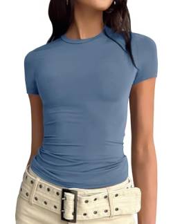 CMTOP Damen Basic Kurzarm Crop Top Casual Y2K Rundhalsausschnitt Tops T-Shirts mit schmaler Passform Elegant Tee Shirts Bluse(Dunstblau,L) von CMTOP