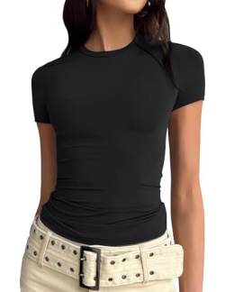 CMTOP Damen Basic Kurzarm Crop Top Casual Y2K Rundhalsausschnitt Tops T-Shirts mit schmaler Passform Elegant Tee Shirts Bluse(Schwarz,M) von CMTOP