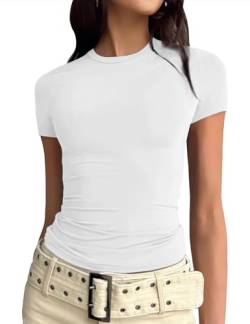CMTOP Damen Basic Kurzarm Crop Top Casual Y2K Rundhalsausschnitt Tops T-Shirts mit schmaler Passform Elegant Tee Shirts Bluse(Weiß,S) von CMTOP