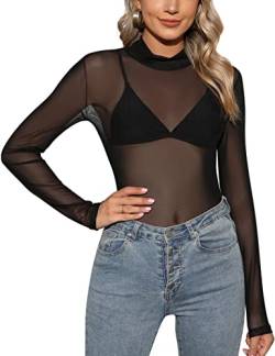 CMTOP Damen Langarm Shirt Elegant Bluse Rundhals T-Shirt Transparent Tüll Mesh Oberteile Casual Tops Schwarz(B,S) von CMTOP