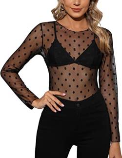 CMTOP Damen Langarm Shirt Elegant Bluse Rundhals T-Shirt Transparent Tüll Mesh Oberteile Casual Tops Schwarz(D,M) von CMTOP