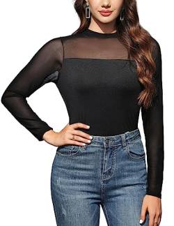 CMTOP Damen Langarm Shirt Elegant Bluse Rundhals T-Shirt Transparent Tüll Mesh Oberteile Casual Tops Schwarz(H,M) von CMTOP