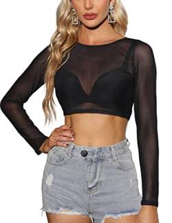 CMTOP Damen Langarm Shirt Elegant Bluse Rundhals T-Shirt Transparent Tüll Mesh Oberteile Casual Tops Schwarz von CMTOP