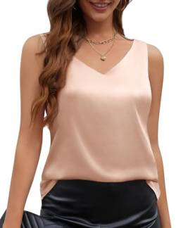 CMTOP Damen Satin Tank Top Strap Basic Cami Sommer Weste Shirt V-Ausschnitt Blusentop Sexy Ämellose Blusen Top Casual Camisole(Champagner, L) von CMTOP