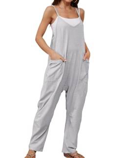 CMTOP Jumpsuit Damen Sommer Lässig V Ausschnitt Baggy Rompers Ärmelloser Latzhosen mit Große Taschen Spaghetti Strap Trägerhose Loose Beiläufig Sommer Strampler(Hellgrau,L) von CMTOP