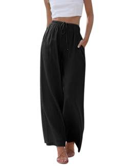 CMTOP Leinenhose Damen Sommer Hohe Taille Freizeithose mit Taschen Elastische Flowy Weite Hose mit Kordelzug Elegant Streetwear für Mädchen(Schwarz,M) von CMTOP