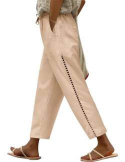 CMTOP Leinenhose Damen Weite Freizeithose mit Kordelzug und Taschen 7/8 Elastische Gerades Bein Sommerhose Bequeme Strandhose aus Baumwolle(Khaki,XXL) von CMTOP