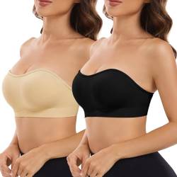 CMTOP Trägerloser BH Ohne Träger Damen Bandeau BH Gepolstert Strapless Bra Tube Top Nahtlose Bralette BH Abnehmbare Padding Unsichtbarer BH Trägerlos mit Transparenten Trägern(Beige+Schwarz, L) von CMTOP