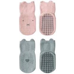 2 Paar Baby Rutschfeste Socken Tiermotive Kleinkinder Antirutschsocken Krabbelsocken für Mädchen Jungen（Blau Rosa） von CMUYKIBU