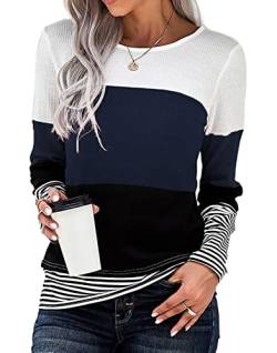 CNFUFEN Damen Pullover Damen Oberteile Langarmshirt Damen Elegant Damen Gestreift Shirt Tshirt Teenager Mädchen Blau Größe L von CNFUFEN