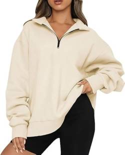 CNFUFEN Damen Pullover Warm Oversized Hoodie Einfarbig Sweatshirt Basic Langarmshirt Damen Longpullover Für Damen Beige Größe L(40-42) von CNFUFEN