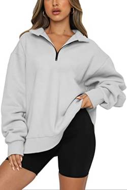 CNFUFEN Damen Sweatshirt Pullover Oversize Damen Winter Warm Oberteile Damen Einfarbig Langarmshirt Grau Größe S(32-34) von CNFUFEN