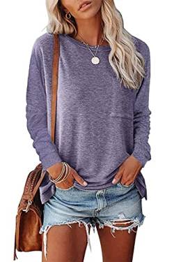 CNFUFEN Damen Top T-Shirts Für Damen Long Sleeve Shirt Women Blusenshirt Damen Basic Shirt Damen Langarm Damen Shirt Langarm Violett Medium von CNFUFEN