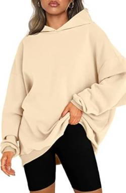 CNFUFEN Hoodie Damen Winter Fleecepullover Oversize Pullover Einfarbig Sweatshirt Basic Oberteile Beige Größe S(32-34) von CNFUFEN