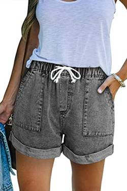 CNFUFEN Laufhose Damen Sporthose Kurz Low Waist Jeans Damen Cargo Shorts Damen Damen Kurze Hose Sommer Wandershorts Damen Kurz grau X-Large von CNFUFEN