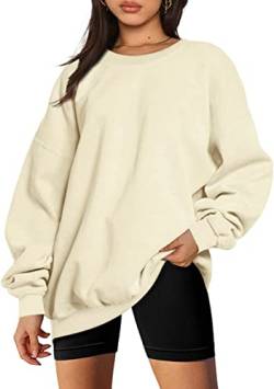 CNFUFEN Loose Sweatshirt Damen Rundhals Langarm Pullover Frauen Winter Fleece Oberteile Basic Kleidung Beige Größe M(36-38) von CNFUFEN