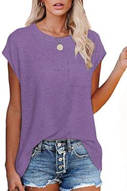 CNFUFEN Tshirt Damen Lässig Solid U-Ausschnitt Basic Shirts Tshirt Damen Sommer Baggy Mode Tshirt Damen Oversize Violett M von CNFUFEN