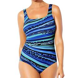 Badeanzug Damen Bauchweg Einteiler Badeanzug Große Größe Bademode Figurformend U Ausschnitt Sport Badeanzüge mit Gestreift Push Up Schwimmanzug für Damen Rückenfrei Monokini Einteiliger (Blue #2, XL) von CNNBYYDS