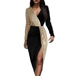 CNNBYYDS Kleider Damen Elegant V-Ausschnitt Glitzer Midikleid mit Schlitz Sexy Spaghetti Bodycon Etuikleid Pailletten Kleid Langarm Gerafftes figurbetontes Partykleid Cocktailkleid Partykleid von CNNBYYDS