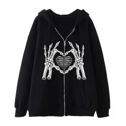 CNNBYYDS Sweatjacke Damen Oversize Y2k Zip Up Hoodie Vintage Hoodies Goth Skeleton Graphic Oversized Kapuzenpullover Sweatshirt Jacke mit Kapuzen Mantel Outwear Teenager Mädchen 90er E-Girl Tops von CNNBYYDS