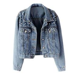 Damen Jeansjacke mit Perlen Kurz Vintage Blau Jeansjacke Übergangsjacke Leichte Jacke Denim Casual Langarm Strickjacke Jeansmantel Outwear Streetwear Sommerjacke Boyfriend Damen-Jacken Große Größen von CNNBYYDS