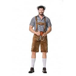 Oktoberfest Herren Outfit Herren Deutsch Bayern Oktoberfest Kostüm Set mit Abnehmbarem Lätzchenträger Kariertes Trachtenhemd, Lederhose mit Trägern und Bayerischen Filzhüte Trachten Set für Herren von CNNBYYDS